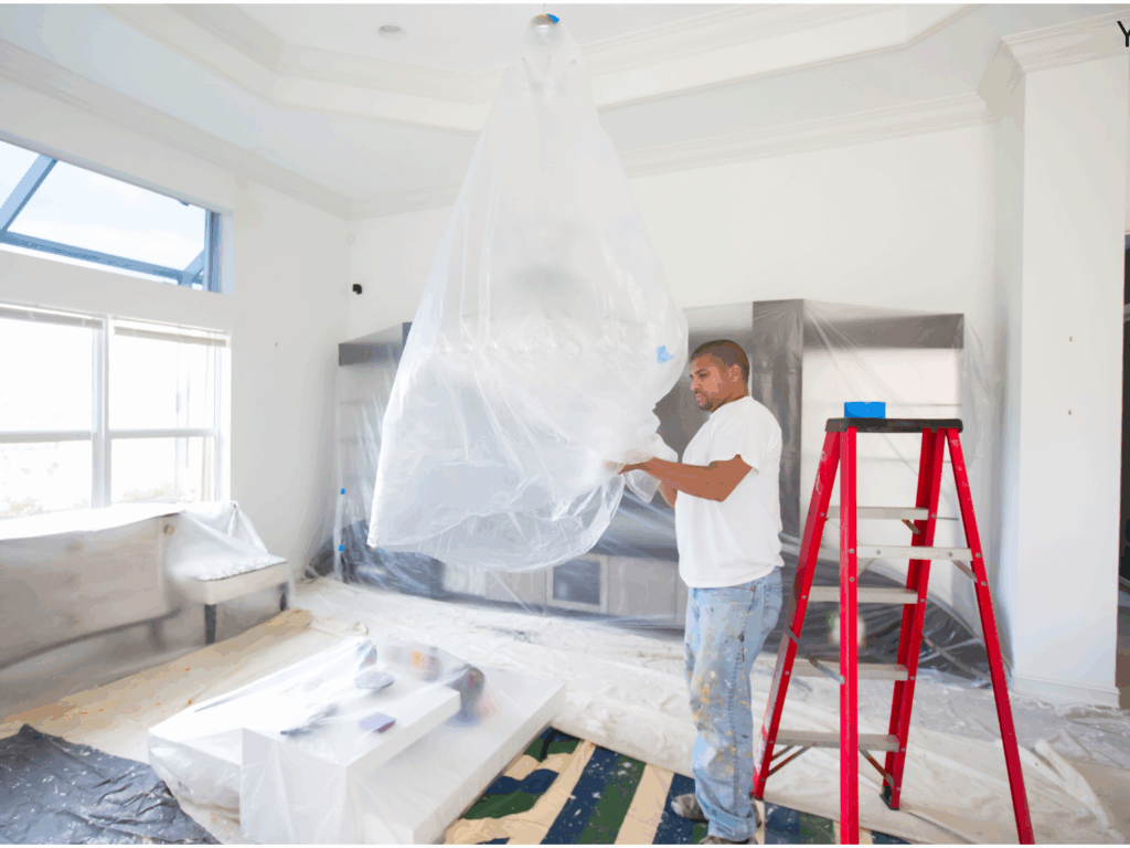 Interior paint prep with protective covering before ceiling painting